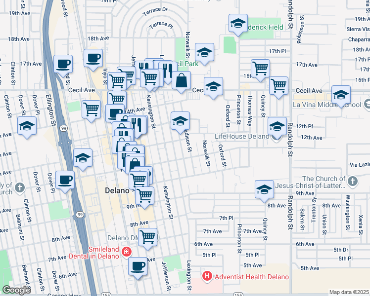 map of restaurants, bars, coffee shops, grocery stores, and more near 1119 Madison Street in Delano