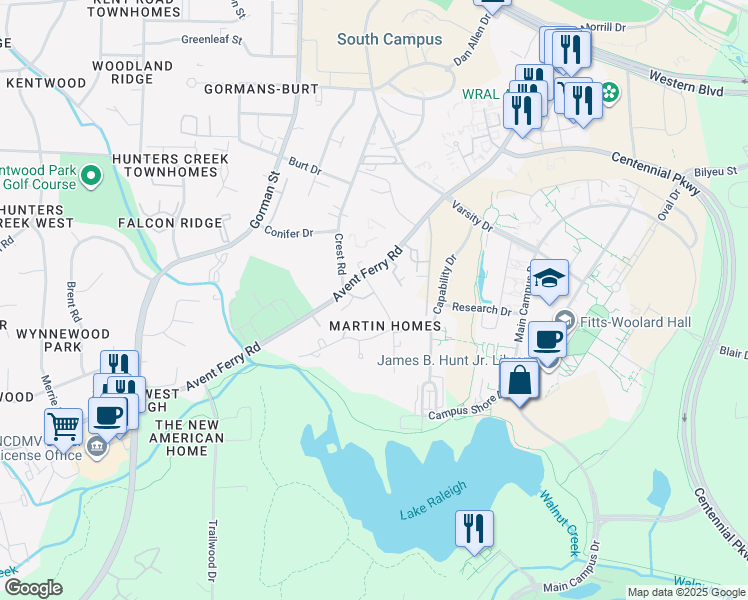 map of restaurants, bars, coffee shops, grocery stores, and more near 616 Chappell Drive in Raleigh
