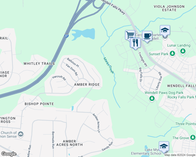 map of restaurants, bars, coffee shops, grocery stores, and more near 5825 Seward Drive in Knightdale