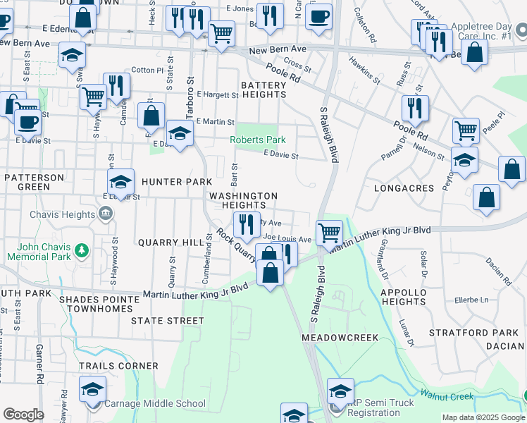 map of restaurants, bars, coffee shops, grocery stores, and more near 1404 East Lenoir Street in Raleigh