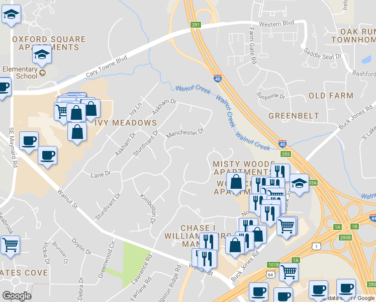 map of restaurants, bars, coffee shops, grocery stores, and more near 1049 Dunsford Place in Cary