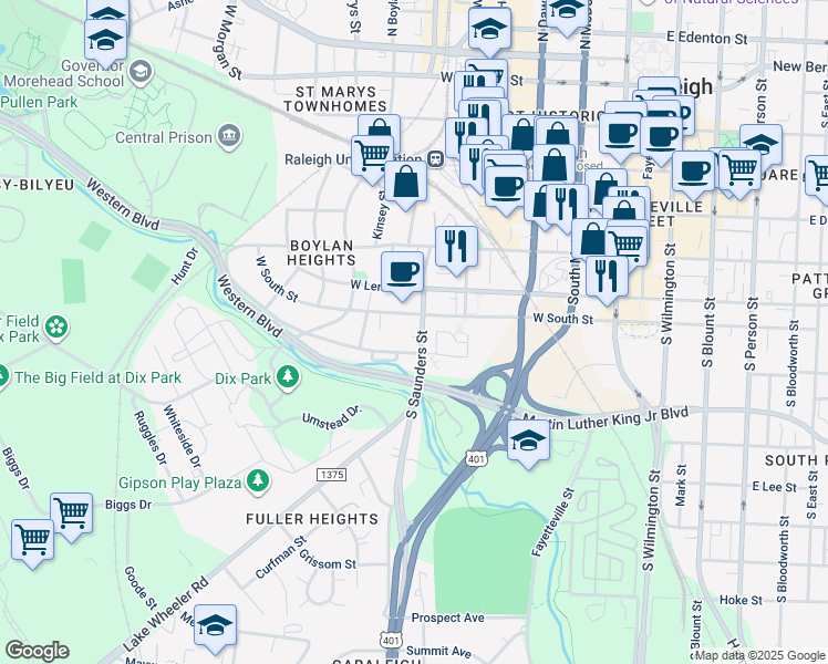 map of restaurants, bars, coffee shops, grocery stores, and more near 718 South Saunders Street in Raleigh