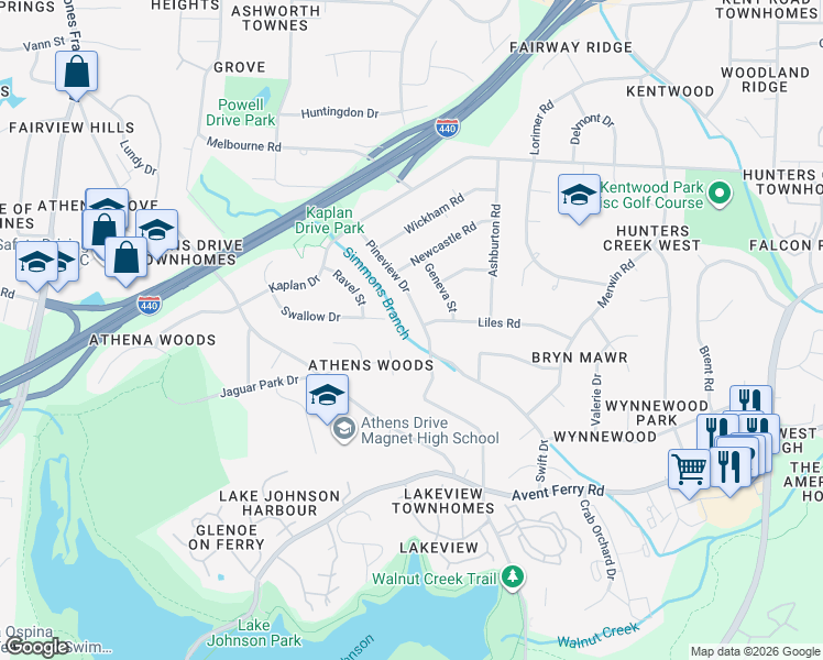 map of restaurants, bars, coffee shops, grocery stores, and more near 1326 Pineview Drive in Raleigh