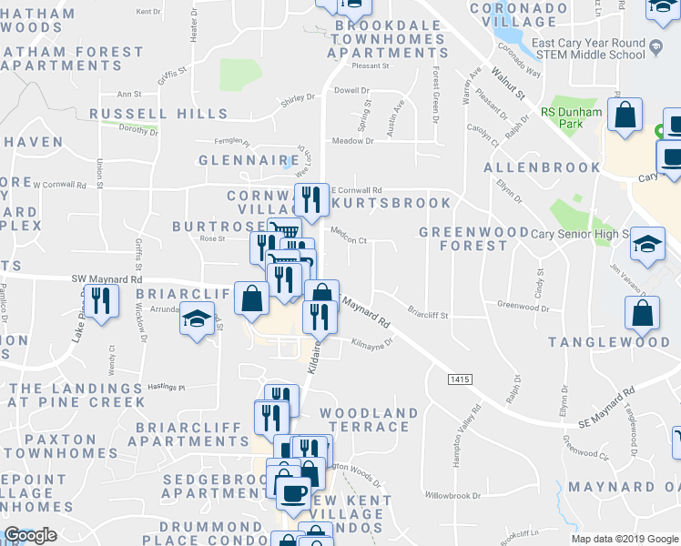 map of restaurants, bars, coffee shops, grocery stores, and more near 112 Kylie Savannah Court in Cary