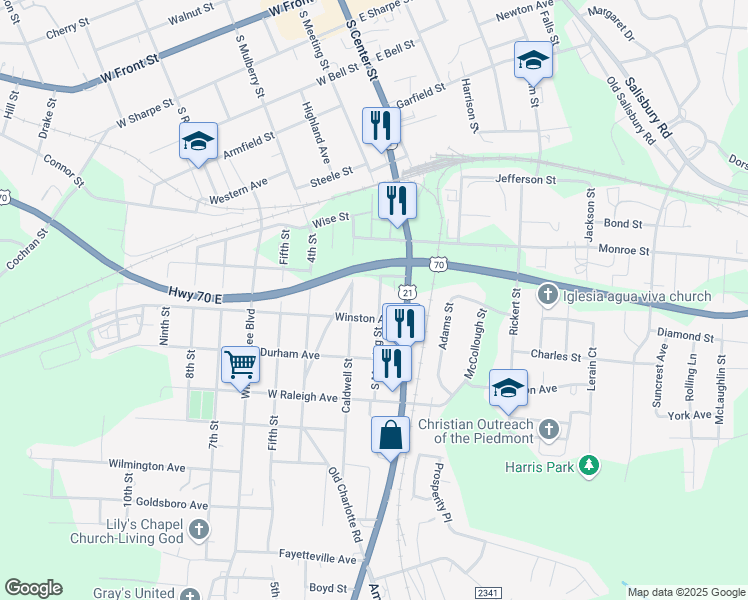 map of restaurants, bars, coffee shops, grocery stores, and more near 914 South Meeting Street in Statesville