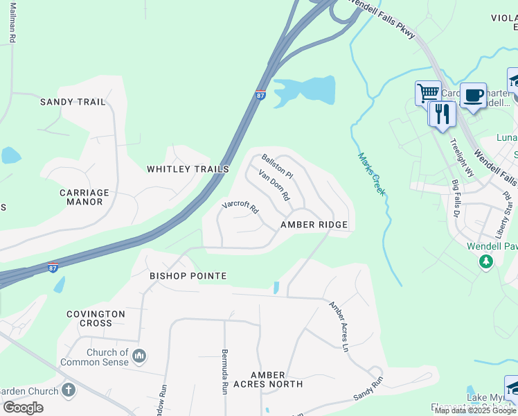 map of restaurants, bars, coffee shops, grocery stores, and more near 3141 Varcroft Road in Knightdale