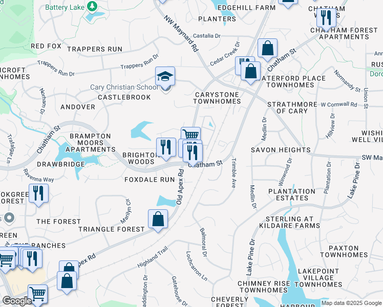 map of restaurants, bars, coffee shops, grocery stores, and more near 1103 Ballena Circle in Cary