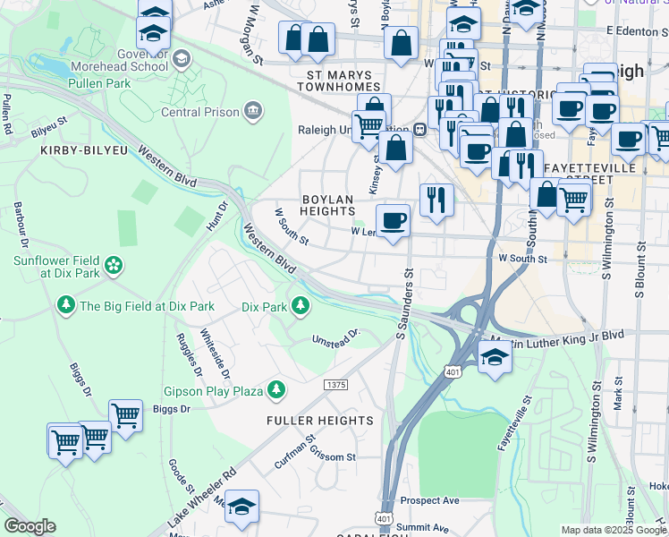 map of restaurants, bars, coffee shops, grocery stores, and more near 715 South Boylan Avenue in Raleigh