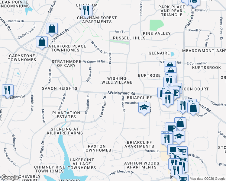 map of restaurants, bars, coffee shops, grocery stores, and more near 502 Southwest Maynard Road in Cary