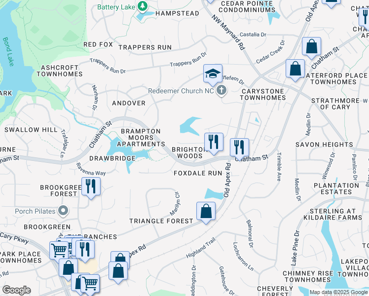 map of restaurants, bars, coffee shops, grocery stores, and more near 130 Solstice Cir in Cary