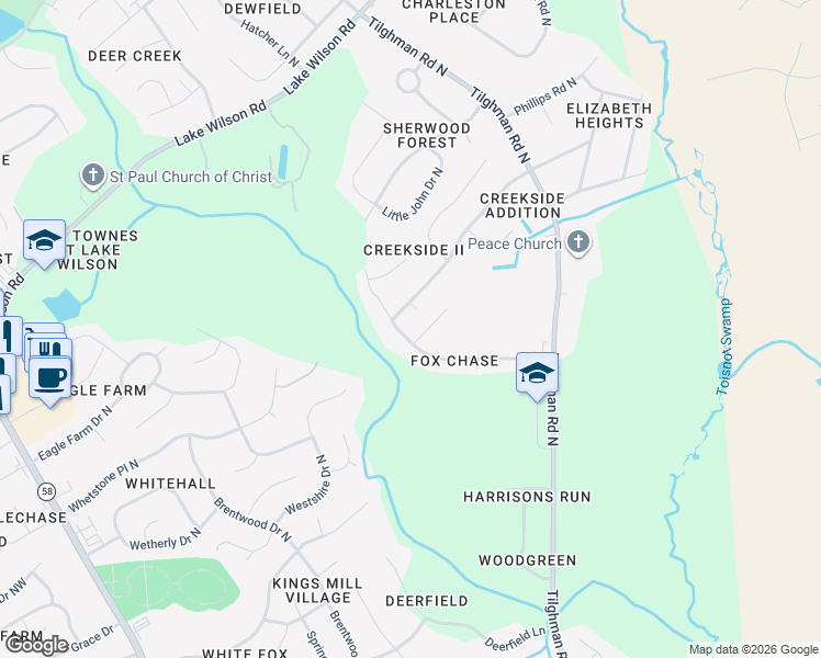 map of restaurants, bars, coffee shops, grocery stores, and more near 3603 Burkam Court North in Wilson