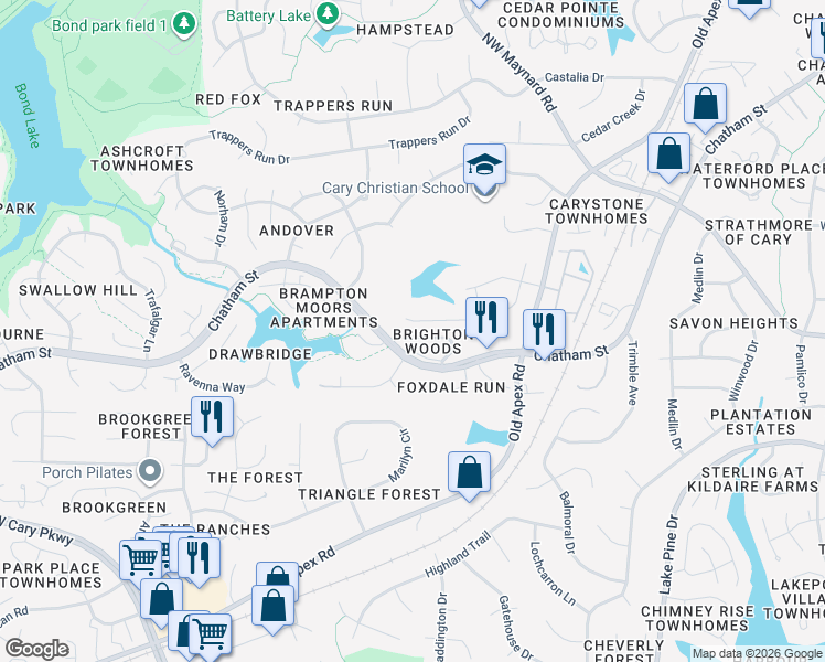map of restaurants, bars, coffee shops, grocery stores, and more near 130 Solstice Circle in Cary