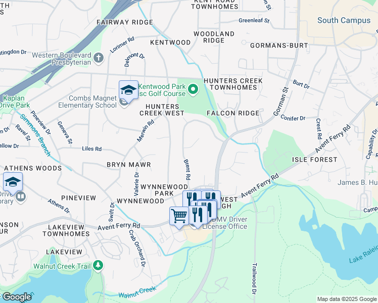 map of restaurants, bars, coffee shops, grocery stores, and more near 3325 Bearskin Court in Raleigh