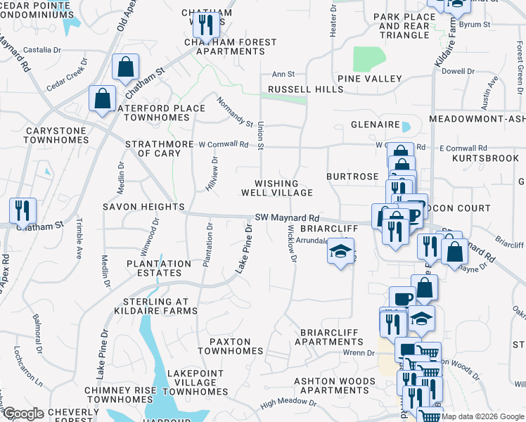 map of restaurants, bars, coffee shops, grocery stores, and more near 502 Southwest Maynard Road in Cary