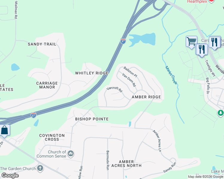 map of restaurants, bars, coffee shops, grocery stores, and more near 3120 Varcroft Road in Knightdale
