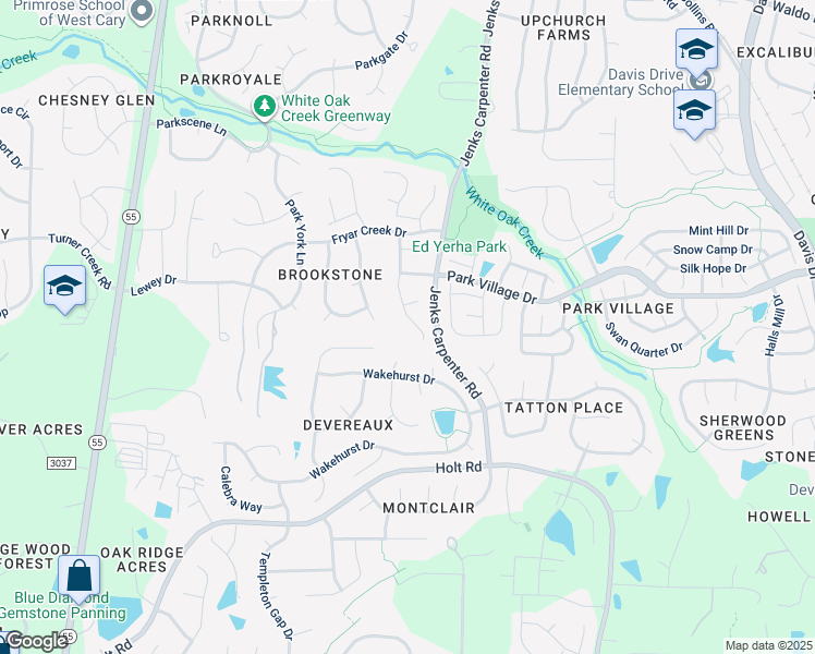 map of restaurants, bars, coffee shops, grocery stores, and more near 406 Brook Creek Drive in Cary
