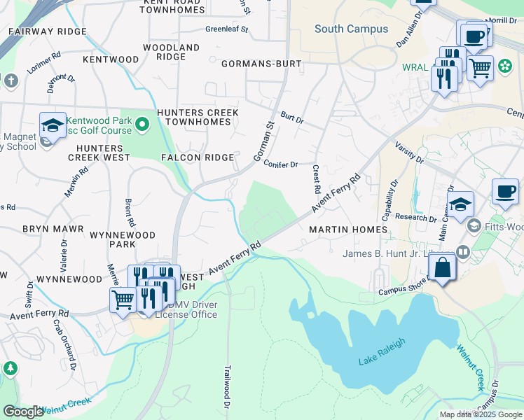 map of restaurants, bars, coffee shops, grocery stores, and more near 517 Tartan Circle in Raleigh