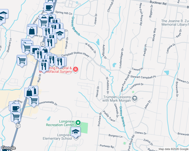 map of restaurants, bars, coffee shops, grocery stores, and more near 3039 Auld Tatty Drive in Spring Hill