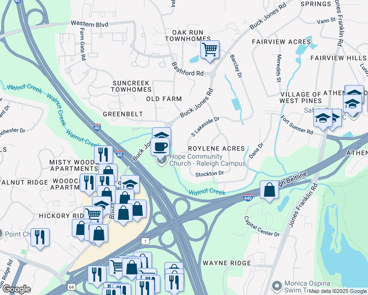 map of restaurants, bars, coffee shops, grocery stores, and more near 640 South Lakeside Drive in Raleigh