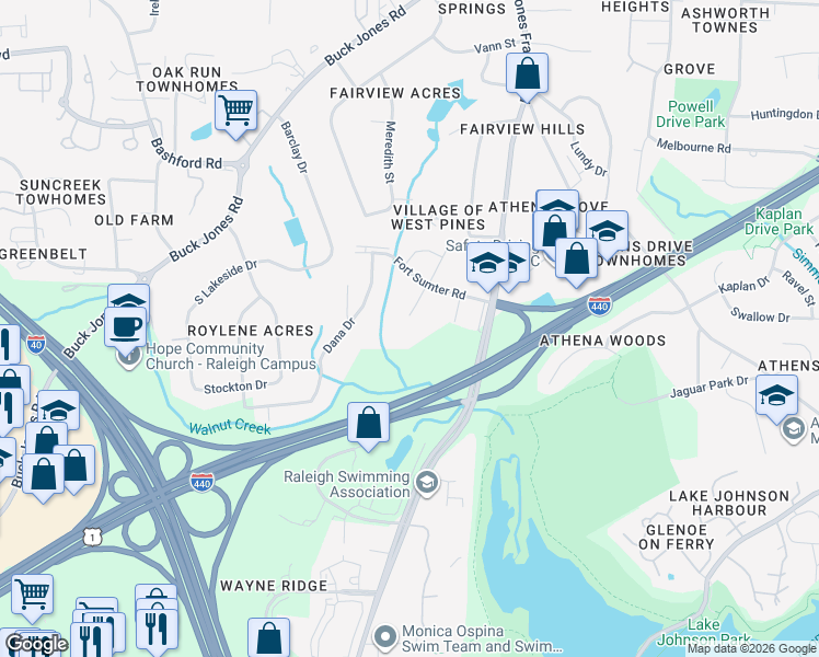 map of restaurants, bars, coffee shops, grocery stores, and more near 613 Charleston Road in Raleigh