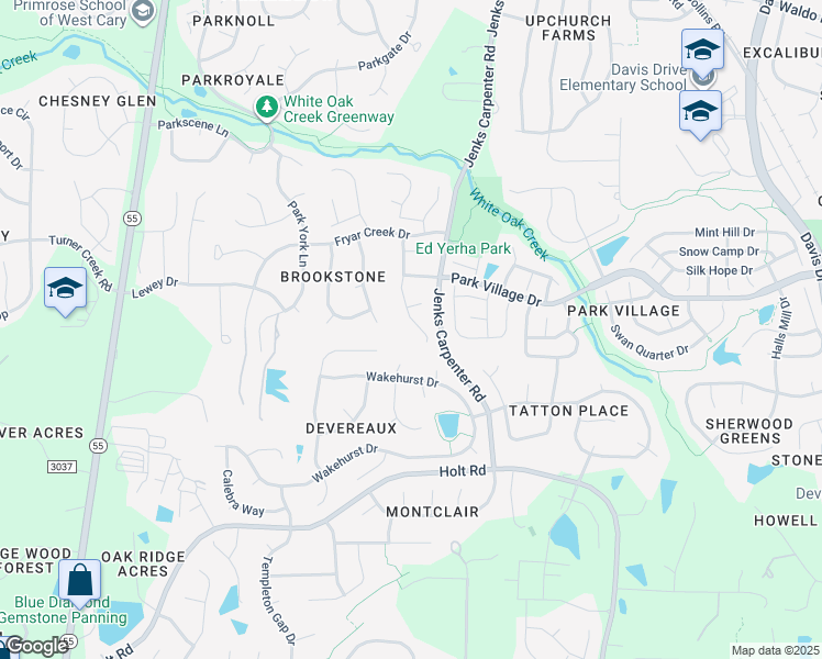 map of restaurants, bars, coffee shops, grocery stores, and more near 406 Brook Creek Drive in Cary