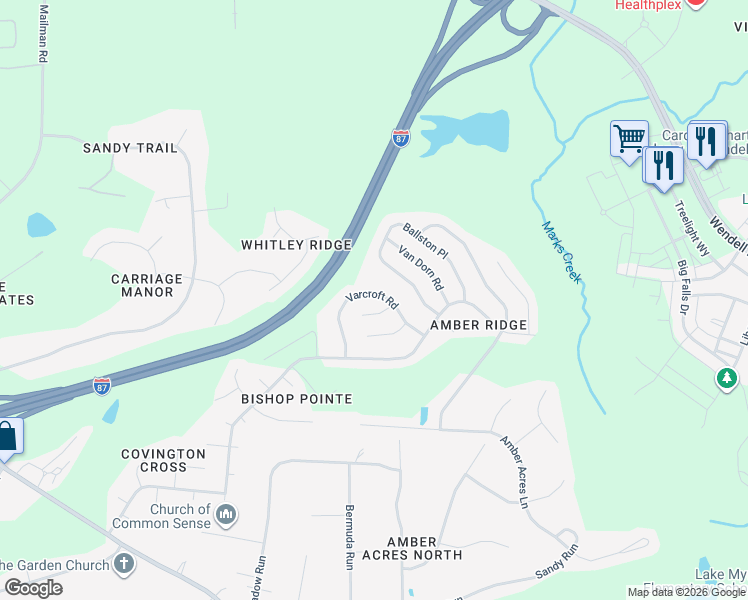 map of restaurants, bars, coffee shops, grocery stores, and more near 3120 Varcroft Road in Knightdale