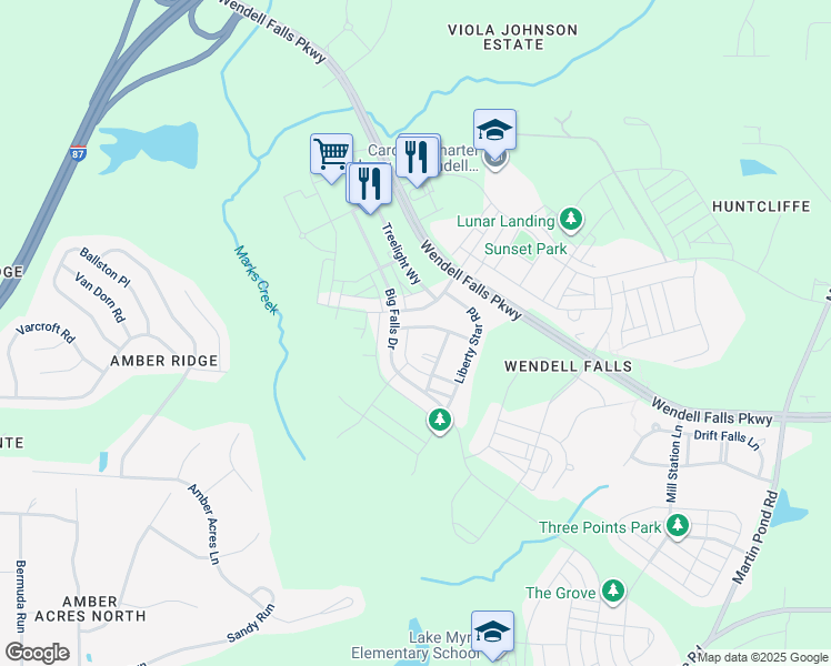 map of restaurants, bars, coffee shops, grocery stores, and more near 1949 Bright Kannon Way in Wendell