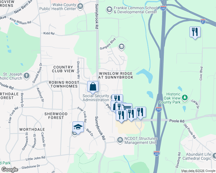 map of restaurants, bars, coffee shops, grocery stores, and more near 3328 Briarcliff Road in Raleigh