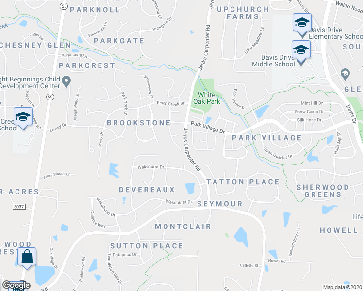 map of restaurants, bars, coffee shops, grocery stores, and more near 407 Brook Creek Drive in Cary