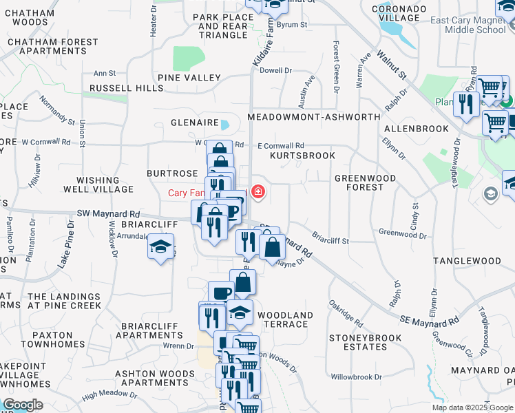 map of restaurants, bars, coffee shops, grocery stores, and more near 919 State Road 1300 in Cary