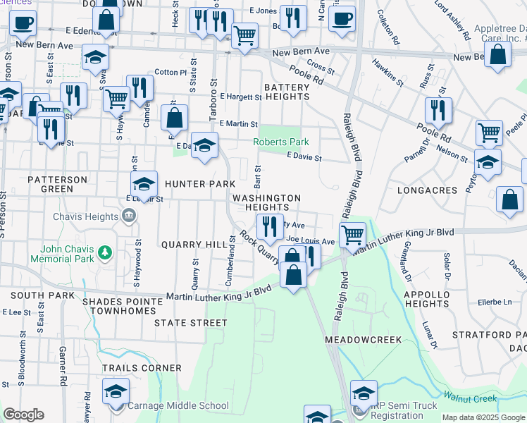 map of restaurants, bars, coffee shops, grocery stores, and more near 1306 East Lenoir Street in Raleigh