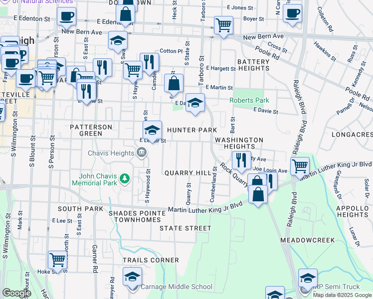 map of restaurants, bars, coffee shops, grocery stores, and more near 604 Quarry Street in Raleigh