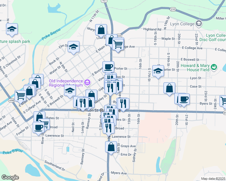 map of restaurants, bars, coffee shops, grocery stores, and more near 755 South Saint Louis Street in Batesville