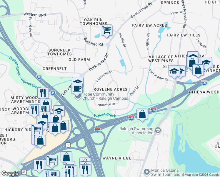 map of restaurants, bars, coffee shops, grocery stores, and more near 5140 Jeffries Street in Raleigh