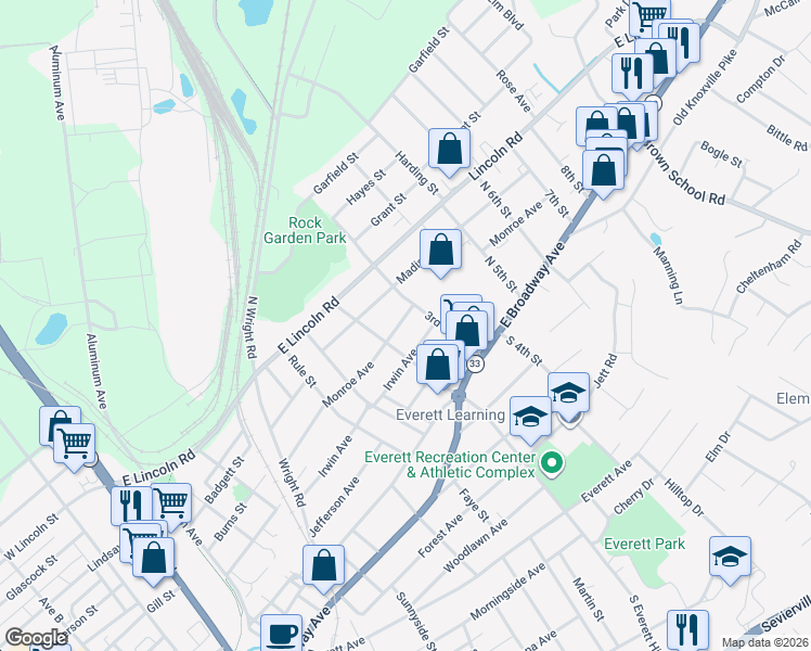 map of restaurants, bars, coffee shops, grocery stores, and more near 1510 Monroe Avenue in Maryville