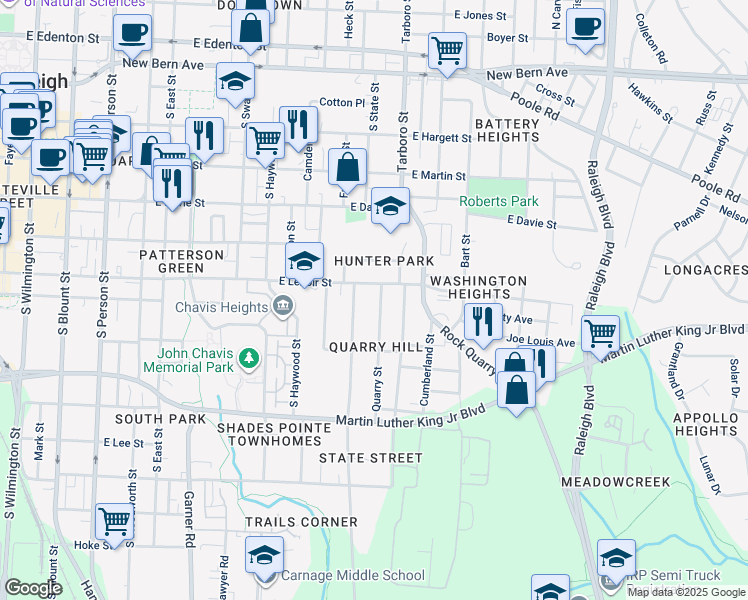 map of restaurants, bars, coffee shops, grocery stores, and more near 604 Quarry Street in Raleigh