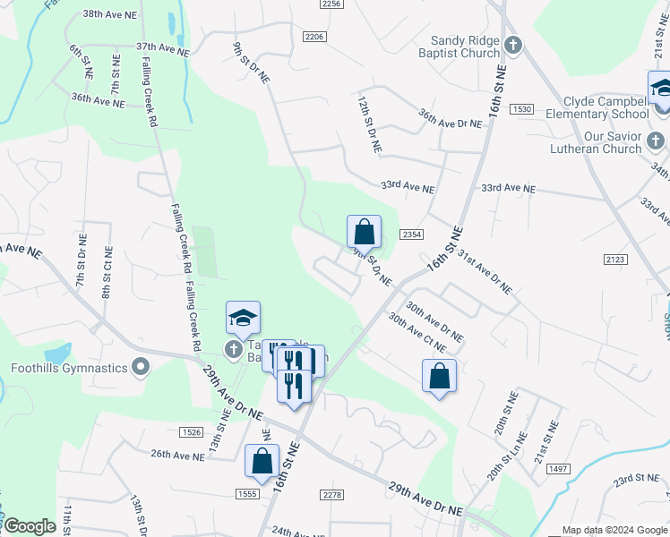 map of restaurants, bars, coffee shops, grocery stores, and more near 3131 9th Street Drive Northeast in Hickory