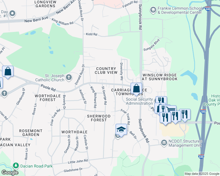 map of restaurants, bars, coffee shops, grocery stores, and more near 3014 Poole Road in Raleigh