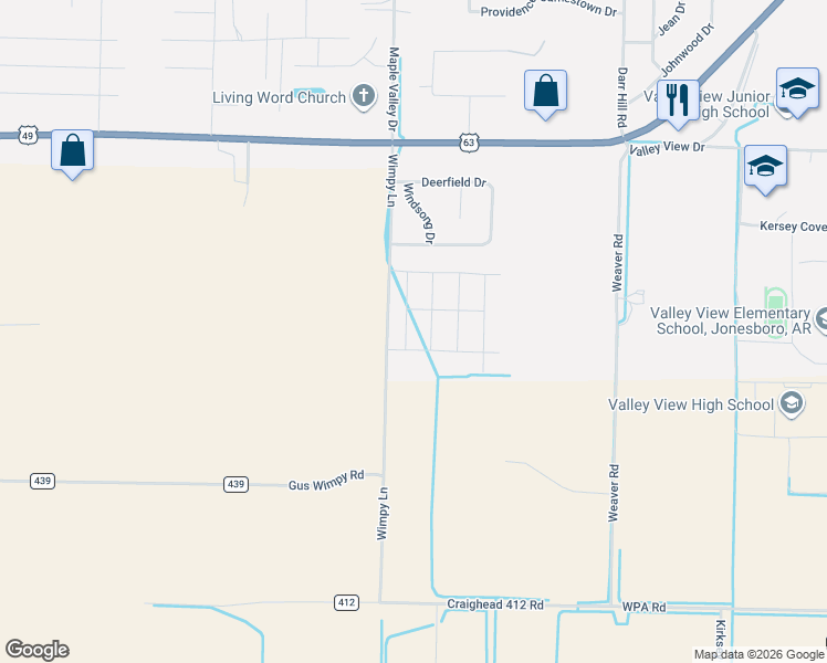 map of restaurants, bars, coffee shops, grocery stores, and more near Wimpy Lane in Jonesboro