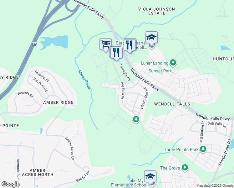 map of restaurants, bars, coffee shops, grocery stores, and more near 317 Sunset Hill Lane in Wendell