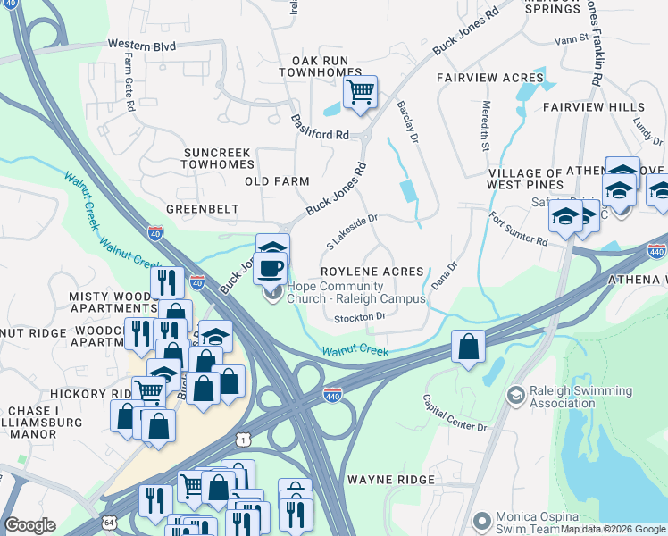 map of restaurants, bars, coffee shops, grocery stores, and more near 629 South Lakeside Drive in Raleigh