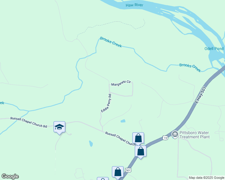 map of restaurants, bars, coffee shops, grocery stores, and more near 360 Eddie Perry Road in Pittsboro