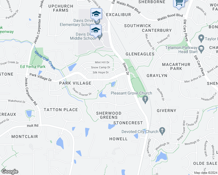 map of restaurants, bars, coffee shops, grocery stores, and more near 206 Bell Arthur Drive in Cary