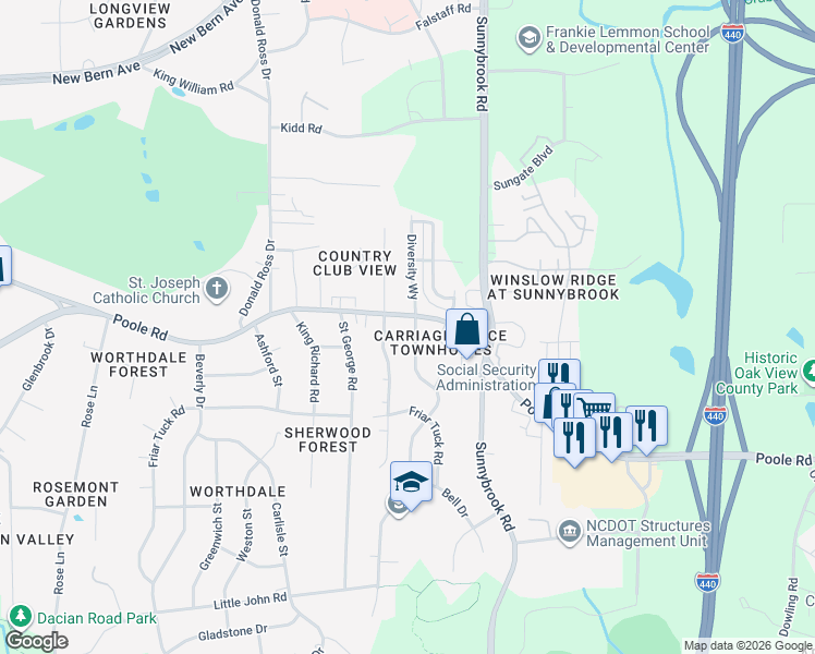map of restaurants, bars, coffee shops, grocery stores, and more near 500 Cooper Road in Raleigh