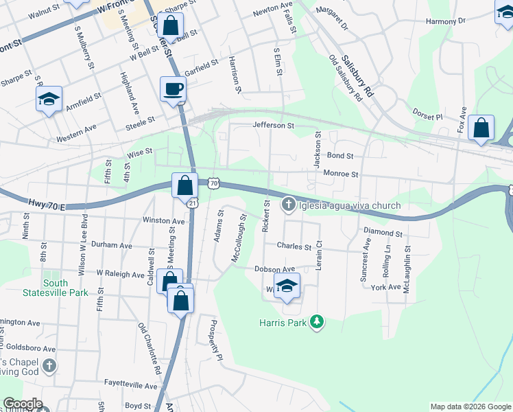 map of restaurants, bars, coffee shops, grocery stores, and more near 1008 Rickert Street in Statesville