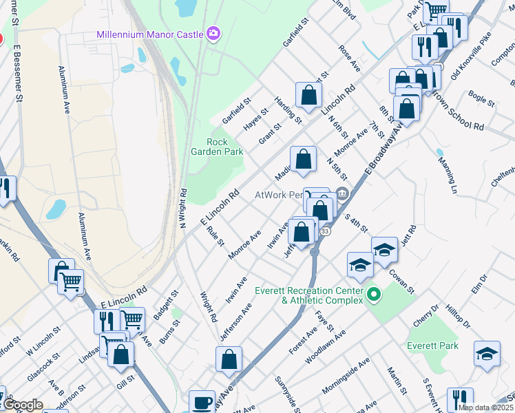 map of restaurants, bars, coffee shops, grocery stores, and more near 412 North Everett High Road in Maryville
