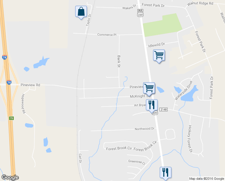 map of restaurants, bars, coffee shops, grocery stores, and more near 311 Pineview Street in Asheboro