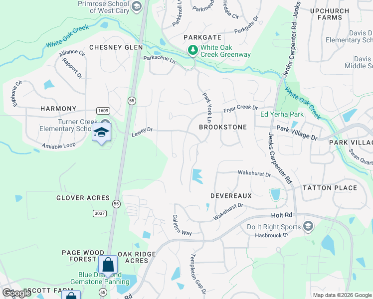 map of restaurants, bars, coffee shops, grocery stores, and more near 608 Park York Lane in Cary