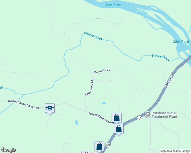 map of restaurants, bars, coffee shops, grocery stores, and more near 360 Eddie Perry Road in Pittsboro