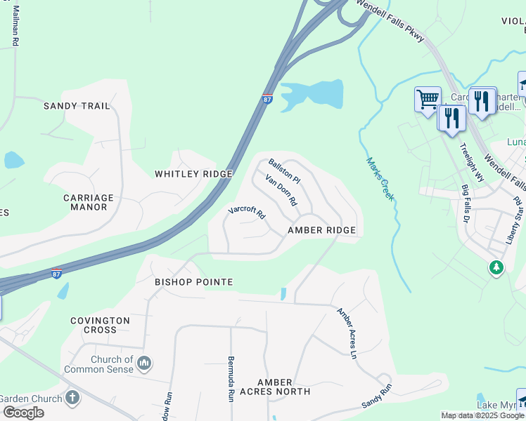 map of restaurants, bars, coffee shops, grocery stores, and more near 3137 Varcroft Road in Knightdale